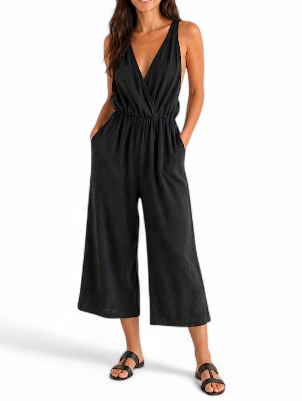 Monk & Lou Black Jumpsuit Cropped Wide Leg XXS Knit Halter Top Backless Ribbed